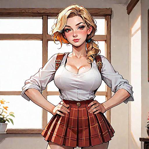 Blonde Woman in Plaid Skirt with Hands on Hips