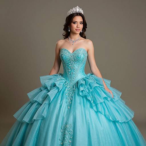 Photograph of a beautiful woman with fair skin and dark hair, wearing a turquoise, strapless, lace-embellished ball gown with a full