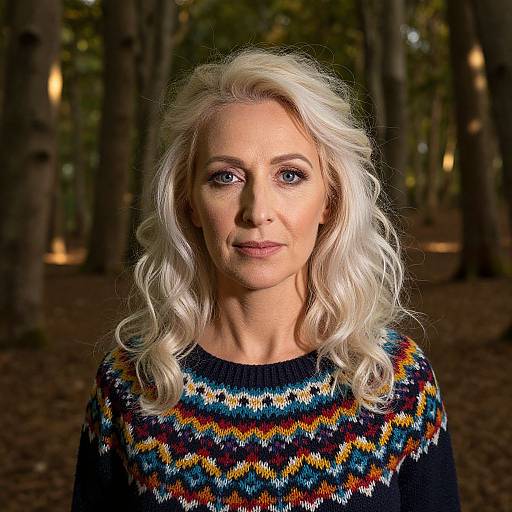 Photograph of a middle-aged woman with wavy, platinum blonde hair, wearing a colorful, patterned sweater, standing in a dimly lit forest