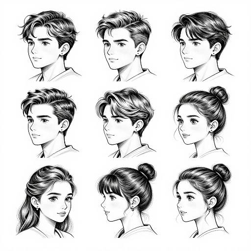 Black-and-white digital sketch of 12 headshots, 3 males, 3 females, 6 side views, varied hairstyles, ponytails,