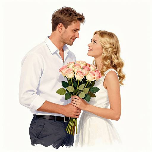 Photograph of a smiling blond woman in a white dress holding pink and white roses, standing close to a brown-haired man in a white shirt, both