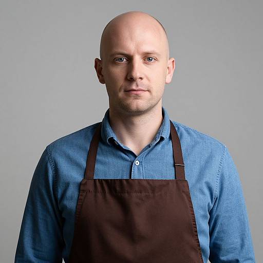 Bald Man in Blue Shirt and Apron