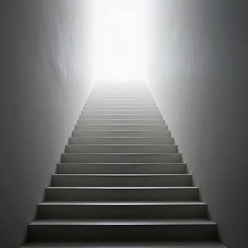 Photograph of a narrow, ascending staircase with stark white light at the top, surrounded by dark gray walls, creating a dramatic, almost surreal perspective.