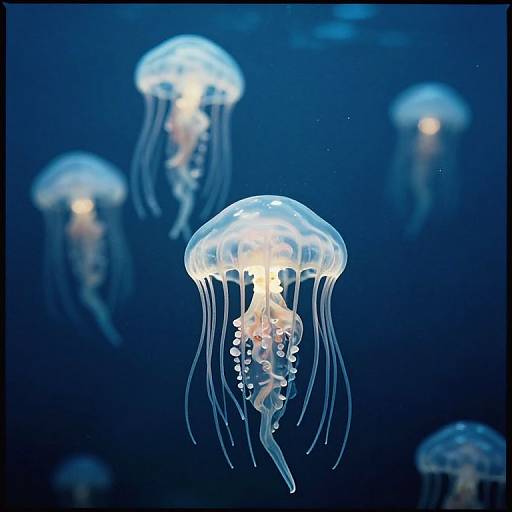 Photograph of glowing, translucent jellyfish with white bell and tentacles, floating in a deep blue ocean, surrounded by blurred, dimly lit jelly
