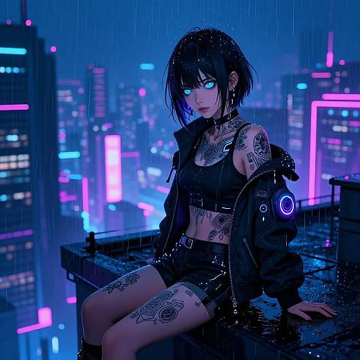 Digital artwork of a tattooed, blue-eyed, black-haired woman in a neon cityscape at night, sitting on a wet rooftop. She wears a