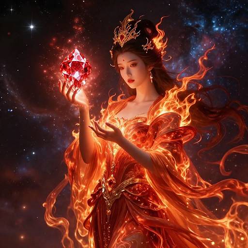 Digital artwork of a fiery, ethereal woman with long dark hair, wearing a glowing red dress, holding a bright, gemstone-like orb, surrounded