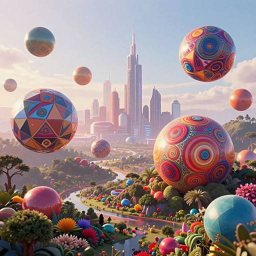 Photorealistic CGI of colorful, patterned balloons floating over a vibrant, futuristic cityscape with a towering skyscraper, lush park, and winding river