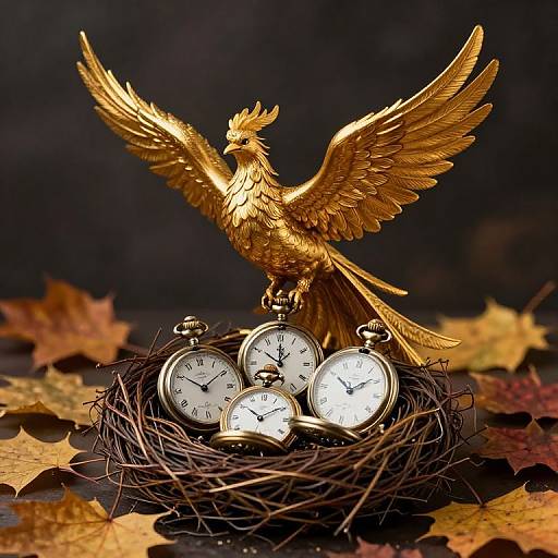 Golden phoenix with outstretched wings standing on a nest of four white pocket watches, surrounded by autumn leaves, dark background.