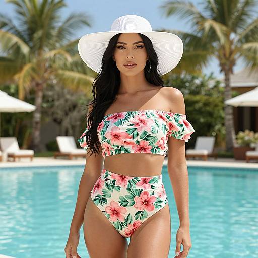 Photograph of a beautiful woman with long black hair, wearing a white sunhat, off-shoulder floral bikini, standing by a clear blue pool