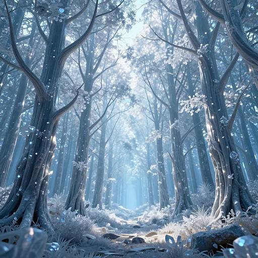 Digital painting of a glowing blue forest with tall, slender trees, ethereal light filtering through, and sparkling snow-like particles on the ground.