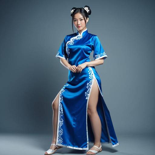 Woman in Blue Silk Qipao Cosplay Costume