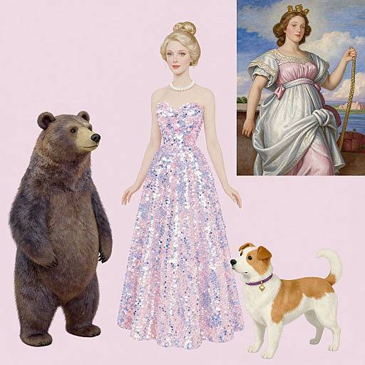 Photograph collage: fair princess in sparkling dress, pearl necklace, standing beside brown bear, white and brown dog, inset: classical princess in silver gown
