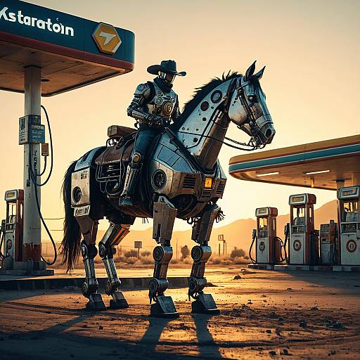 Robot Cowboy on Mechanical Horse at Futuristic Gas Station