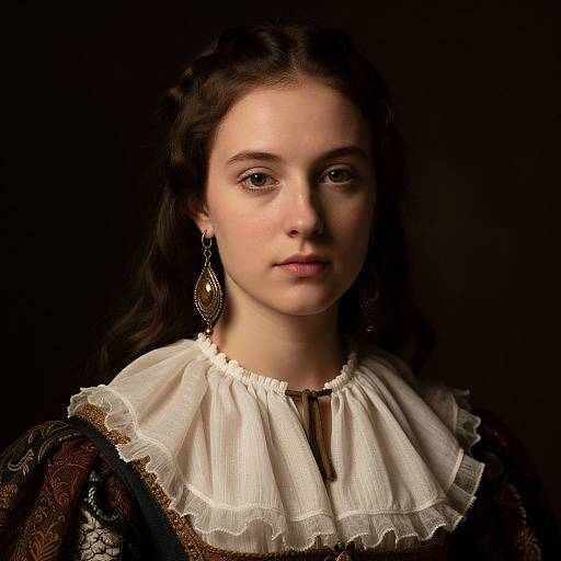 Photograph of a young woman with fair skin, dark brown hair, and a serious expression. She wears a white ruffled collar, intricate dark dress