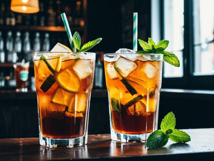 Two Glasses of Iced Tea with Mint on Bar