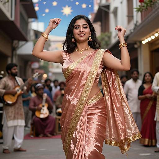 Photograph of a confident Indian woman in a pink and gold saree, dancing on a busy street with musicians and onlookers.