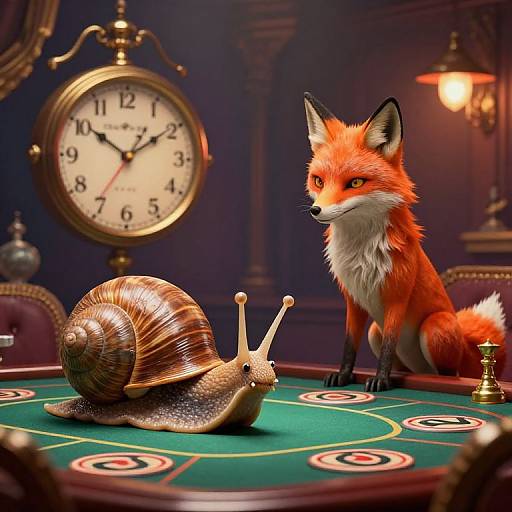 Photorealistic CGI: Vibrant red fox with white underbelly sits on green casino table, facing large brown snail with detailed shell, beside