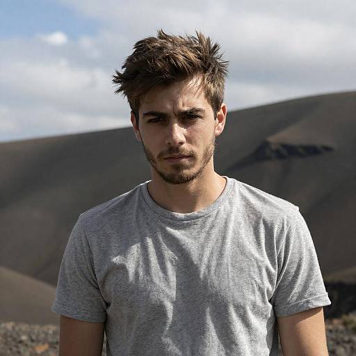 Serious Young Man in Sunlit Landscape