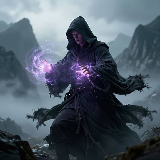 Digital fantasy artwork of a hooded, dark-robed sorcerer conjuring purple lightning in a misty, mountainous landscape. The sorcerer's