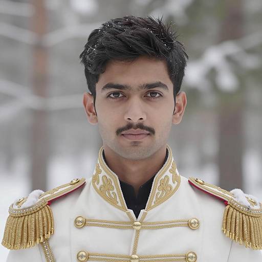 Young Indian Man in Ornate Military-Style Jacket in Snow