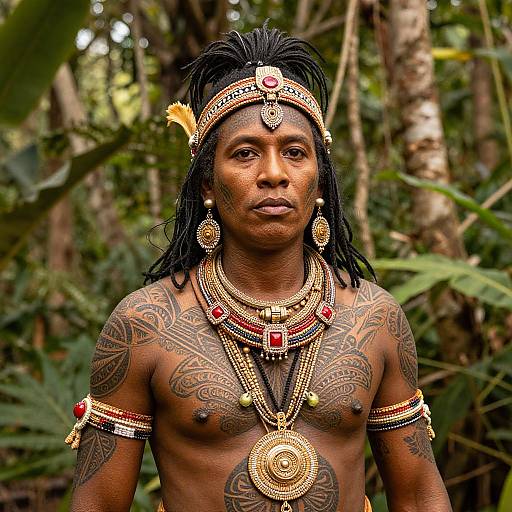 Photograph of a tattooed, shirtless Indigenous man with black dreadlocks, adorned in gold and red jewelry, set against a lush forest background.