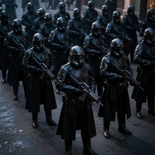 Photograph of a group of heavily armed, black-clad riot police in helmets marching in a dimly lit urban street at night.