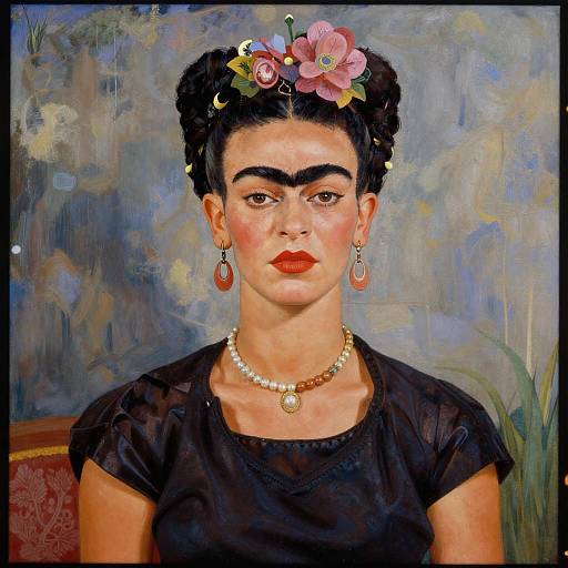 Oil painting of Frida Kahlo with dark hair adorned with pink flowers, wearing a black dress, pearl necklace, and red earrings, against a blue