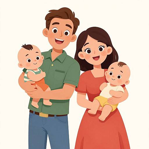 Cartoon illustration of a smiling brown-haired man in green shirt and blue pants, holding a baby in orange outfit. Beside him, a dark-haired