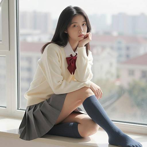 Asian Woman on Windowsill in Pastels