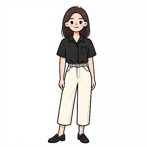 Digital drawing of a smiling Asian woman with straight brown hair, wearing a black short-sleeve shirt, white cropped pants, and black shoes. Simple