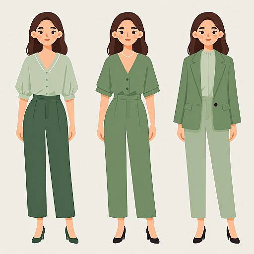 Digital illustration of three women with brown hair, wearing green and light green outfits, featuring different styles: blouse and pants, jumpsuit, and blazer