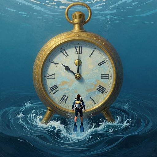 Digital illustration of a scuba diver standing in front of a giant underwater gold pocket watch with Roman numerals, surrounded by swirling water.