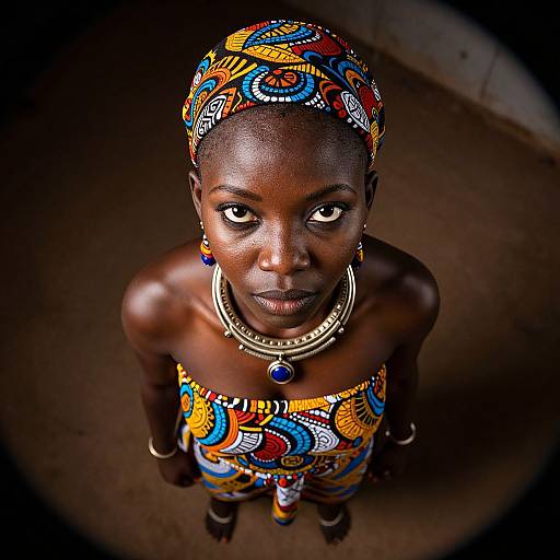 Photograph of a dark-skinned woman with short hair, wearing vibrant, colorful beaded headwrap, necklace, and strapless dress, looking up