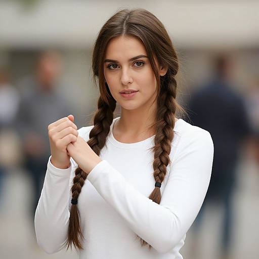 Photograph of a young woman with long, dark braided hair, wearing a white long-sleeve shirt, standing outdoors with a blurred background of