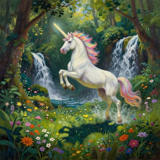 Digital painting of a white unicorn with a rainbow mane and horn, rearing in a vibrant, enchanted forest with cascading waterfalls and colorful wildflowers