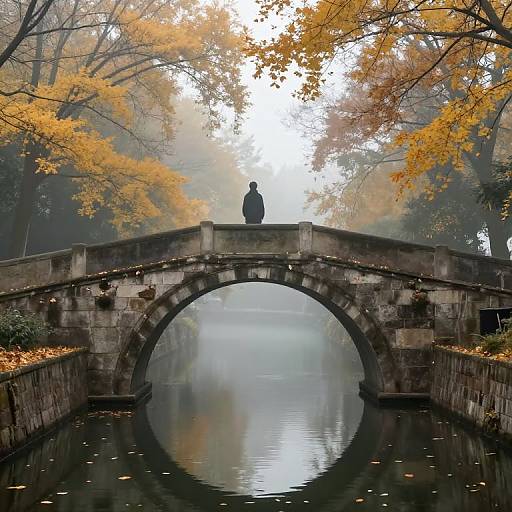 Misty Stone Bridge Over Autumn Canal