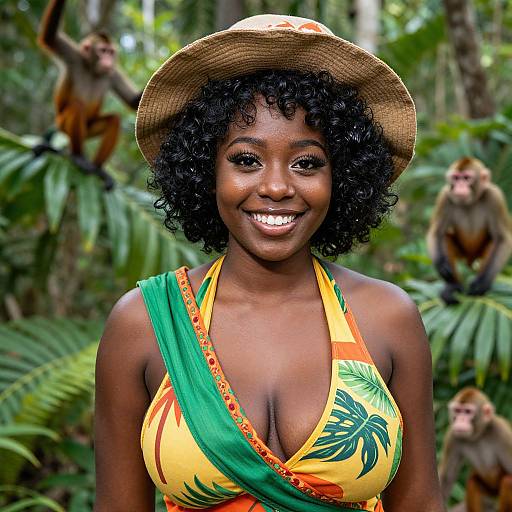 Photograph of a smiling African woman with dark skin, curly hair, wearing a straw hat and yellow-green patterned halter top, standing in a