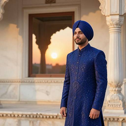Photograph of a bearded South Asian man in a blue embroidered traditional kurta and turban, standing in front of an ornate, white marble