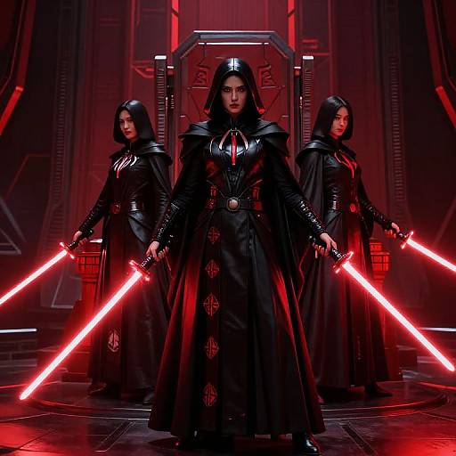 Photograph-style CGI of three dark-robed women with black hoods, holding red lightsabers, standing in a red-lit, futuristic throne