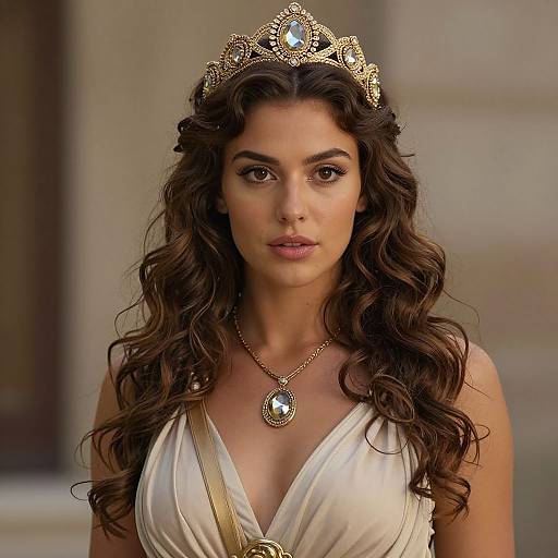 Photograph of a beautiful woman with long wavy brown hair, wearing a gold tiara, white draped dress, and jewel necklace, standing against a