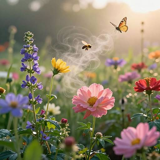 Photograph of a sunlit flower meadow with pink, yellow, purple, and red flowers, a hovering butterfly, and a bee near a pink