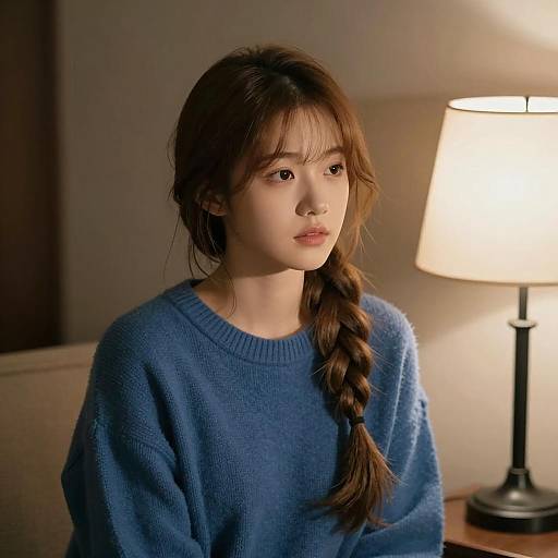 Young Woman in Blue Sweater by Lamp