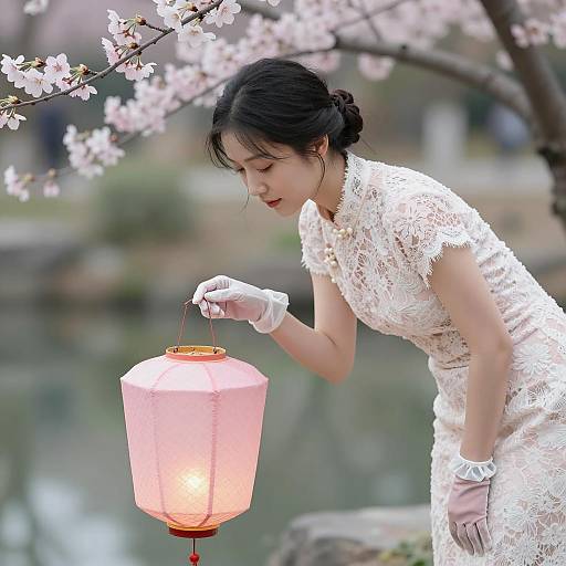 Elegant Asian Woman by Lantern Pond