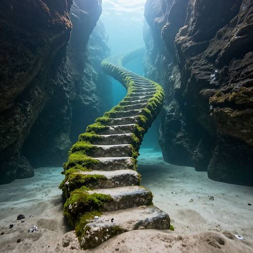 Photograph of a moss-covered stone staircase winding through a narrow, sunlit underwater cave with rugged, dark rock walls.