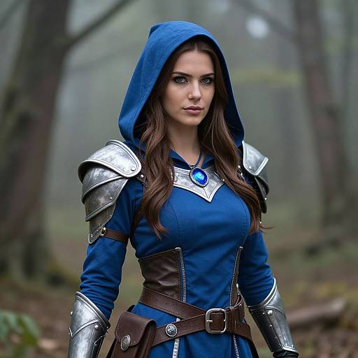 Photograph of a strong, fair-skinned woman with long brown hair, wearing a blue hooded dress, silver armor, and a blue gemstone