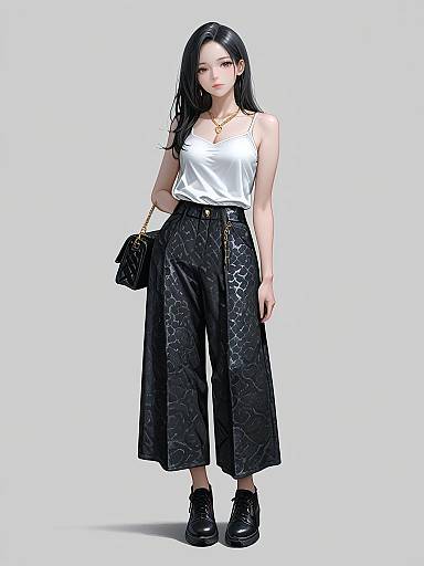 Photorealistic digital rendering of an Asian woman with long black hair, wearing a white sleeveless top, black high-waisted patterned pants,