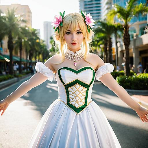 Blonde Anime Cosplayer in White Green Dress