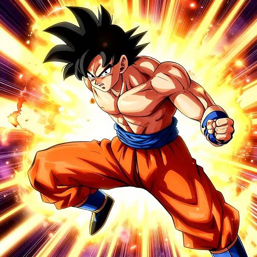 Digital anime-style drawing of muscular, shirtless Goku with spiky black hair, orange pants, and blue sash, glowing with intense yellow-orange energy
