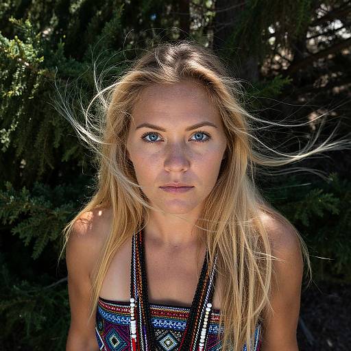 Photograph of a blonde woman with blue eyes, wearing a colorful, patterned top, standing against a dark, forested background with sunlight filtering through
