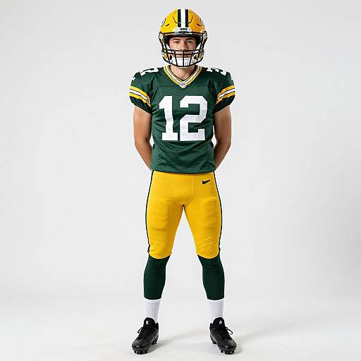 Photograph of a male American football player in a green and yellow Green Bay Packers uniform, number 12, standing against a white background.